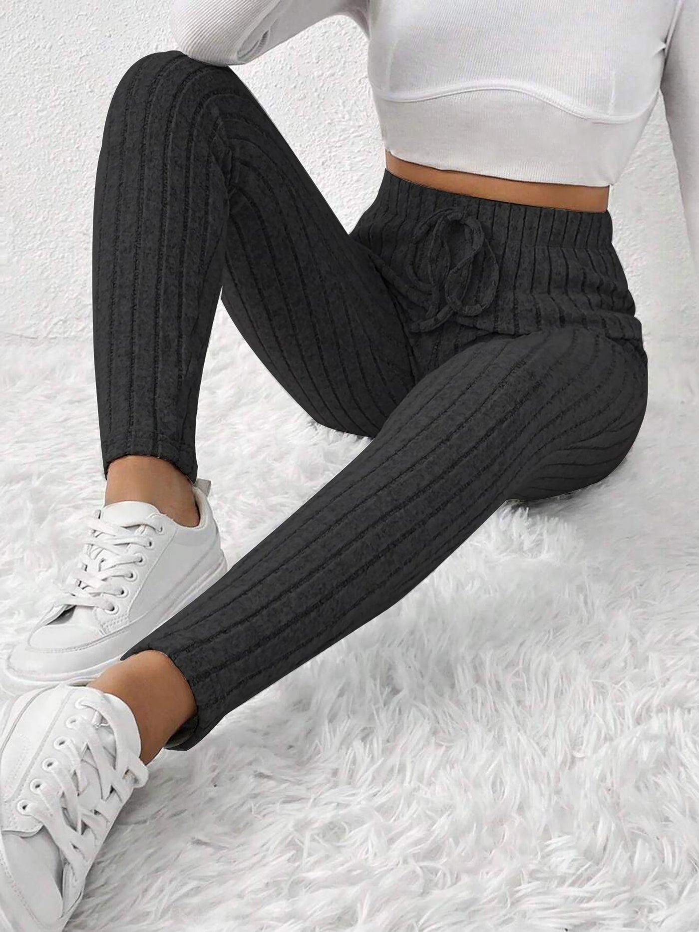 Allegra K Solid Color Tie Waist Lace-up Casual Leggings Pants