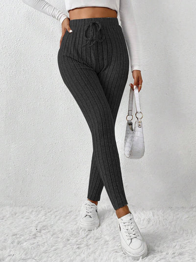 Solid Color Tie Waist Lace-up Casual Leggings Pants