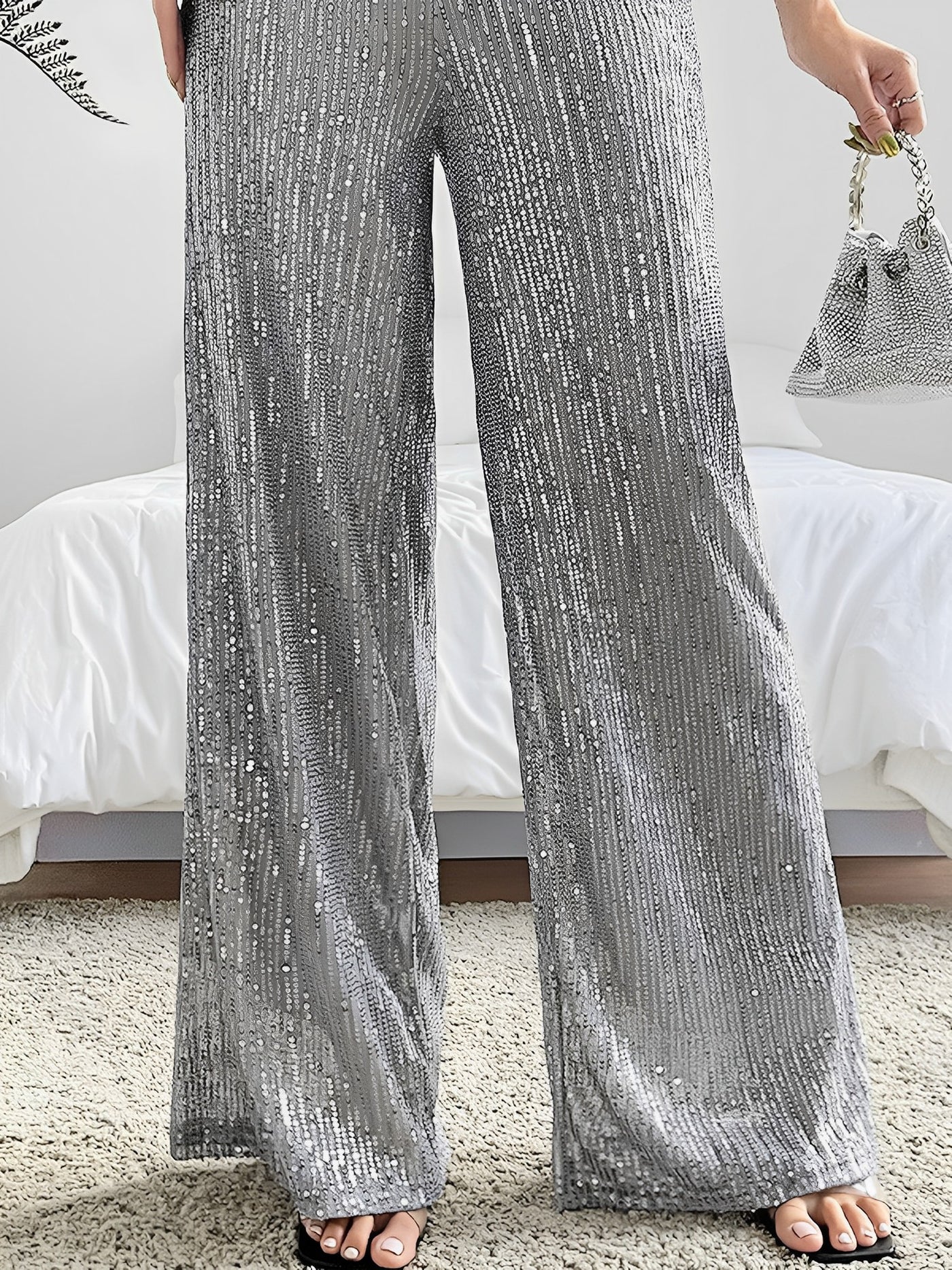 Allegra K Sequin Glitter Party High Waist Wide Leg Pants