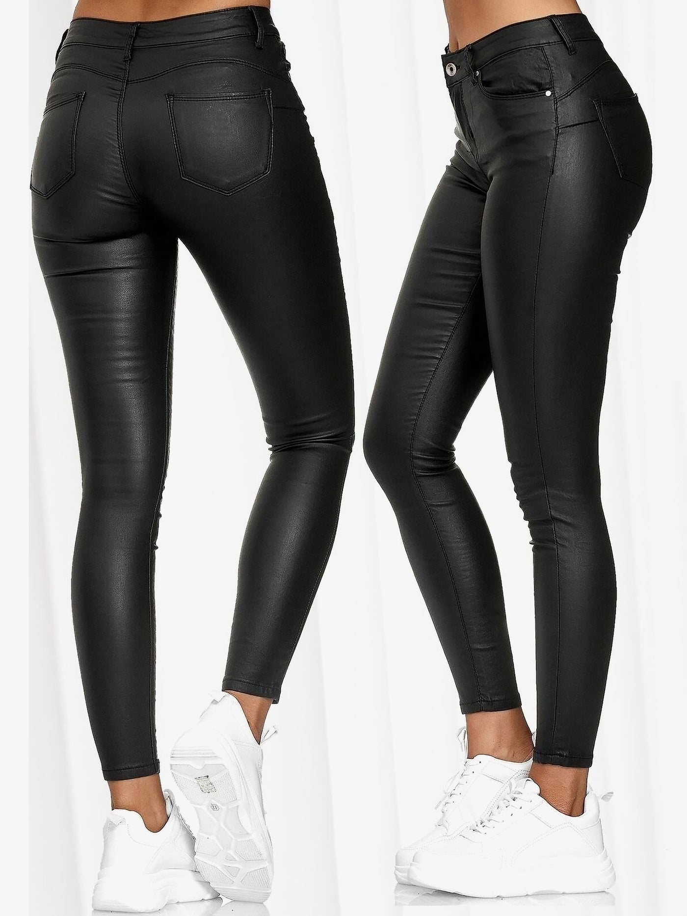 Allegra K Solid Color High Waist PU Leather Pencil Pants