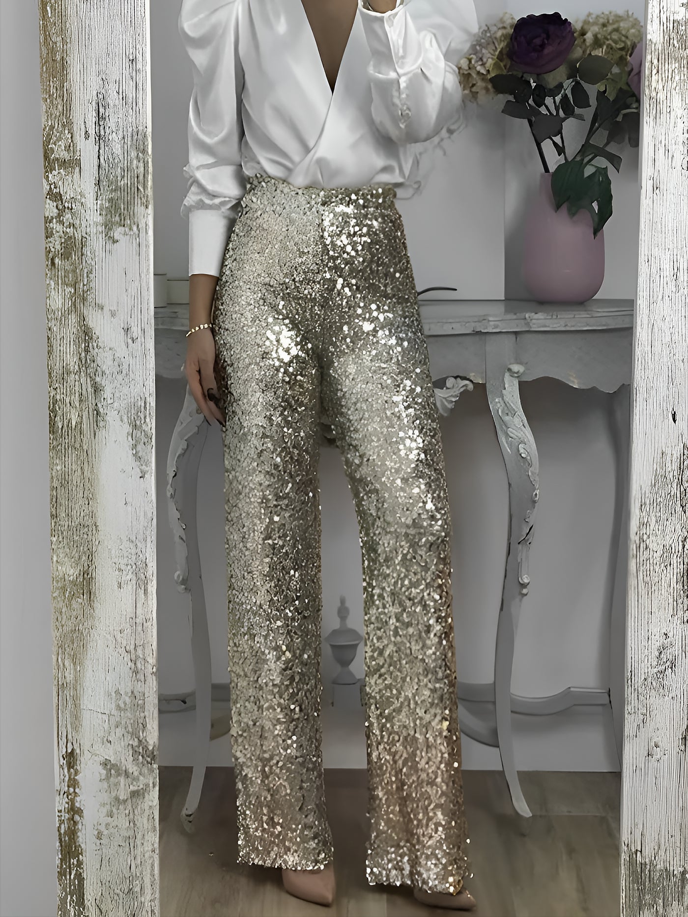 Allegra K High Waist Party Glitter Sequined Straight Leg Pants