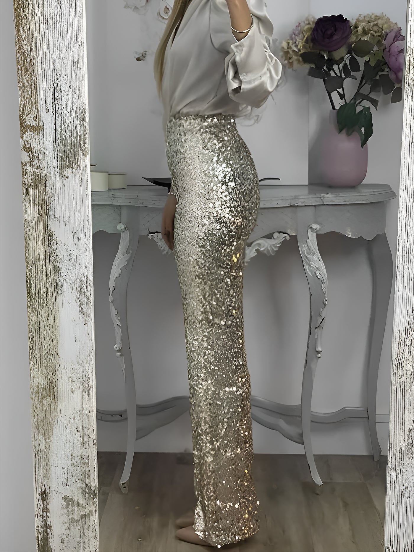 Allegra K High Waist Party Glitter Sequined Straight Leg Pants