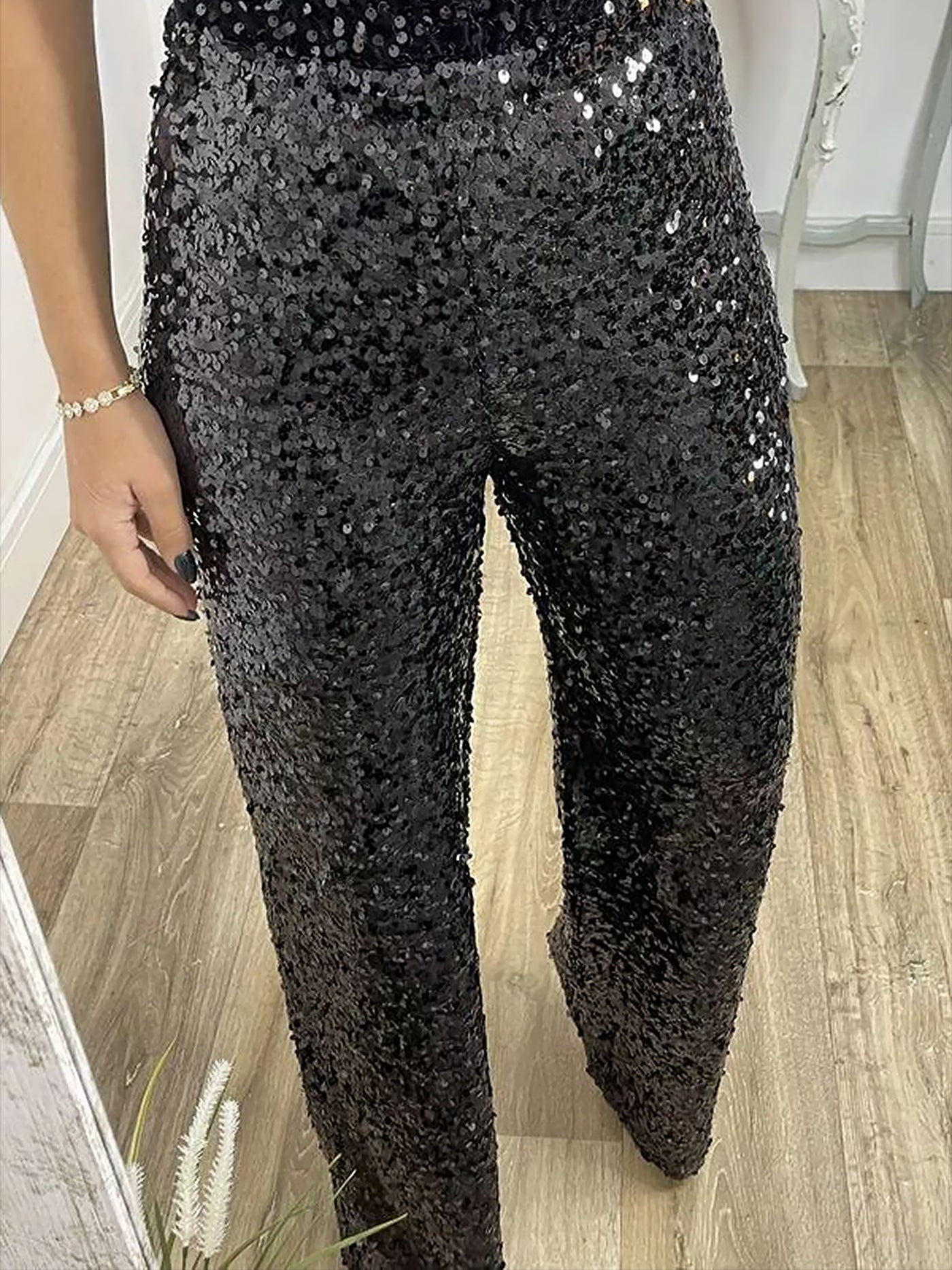 Allegra K High Waist Party Glitter Sequined Straight Leg Pants