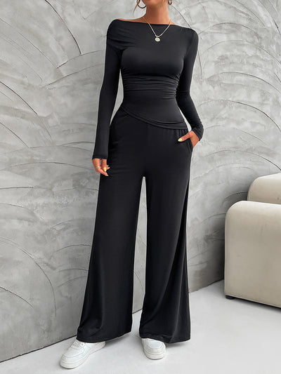 2 Pieces Long Sleeves Ruched Tops & Straight Wide Leg Pants Set