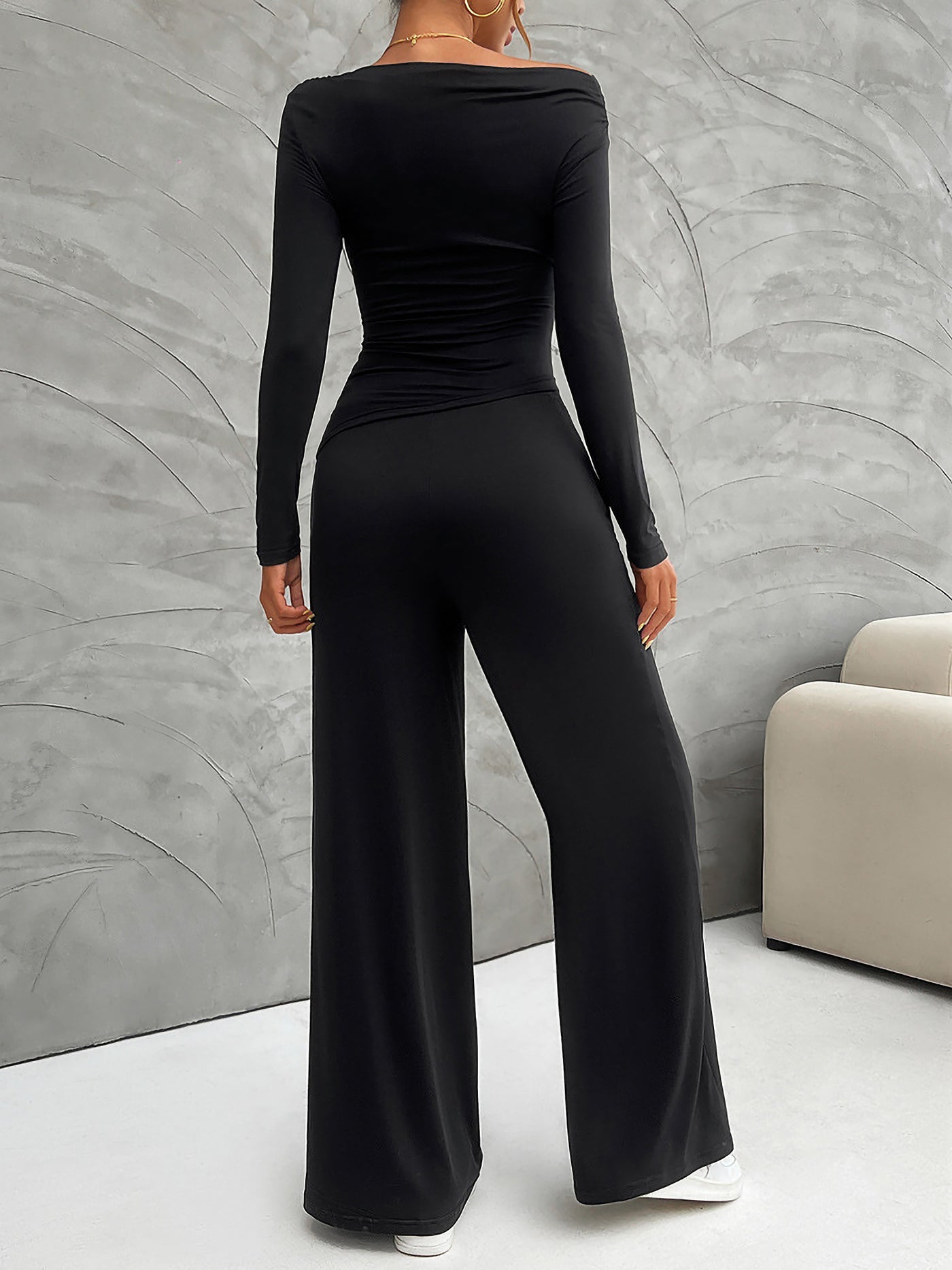 Allegra K 2 Pieces Long Sleeves Ruched Tops & Straight Wide Leg Pants Set