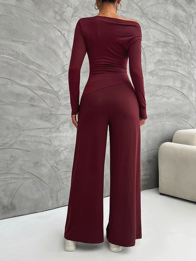 2 Pieces Long Sleeves Ruched Tops & Straight Wide Leg Pants Set