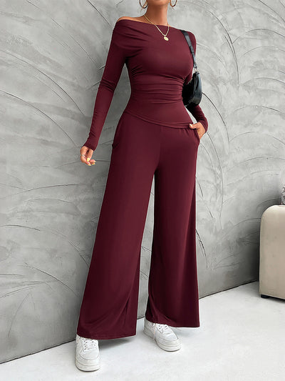 2 Pieces Long Sleeves Ruched Tops & Straight Wide Leg Pants Set