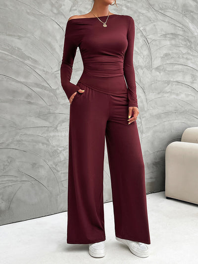 2 Pieces Long Sleeves Ruched Tops & Straight Wide Leg Pants Set