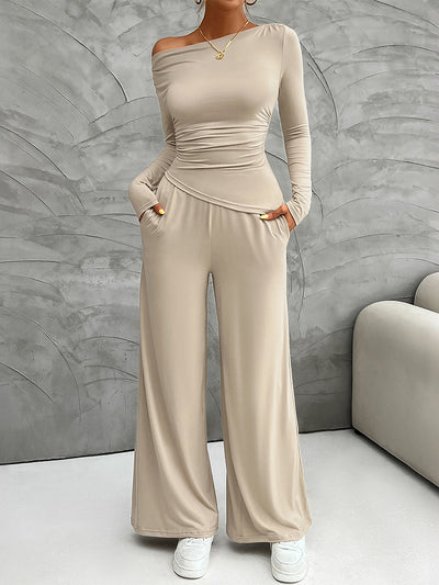 2 Pieces Long Sleeves Ruched Tops & Straight Wide Leg Pants Set