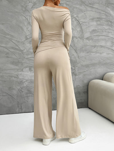 2 Pieces Long Sleeves Ruched Tops & Straight Wide Leg Pants Set