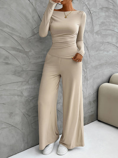 2 Pieces Long Sleeves Ruched Tops & Straight Wide Leg Pants Set