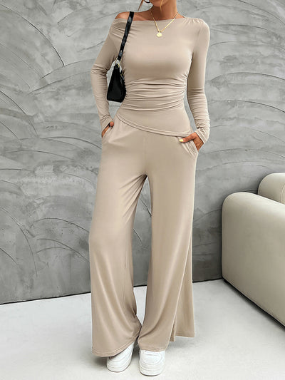 2 Pieces Long Sleeves Ruched Tops & Straight Wide Leg Pants Set