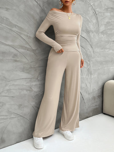 2 Pieces Long Sleeves Ruched Tops & Straight Wide Leg Pants Set