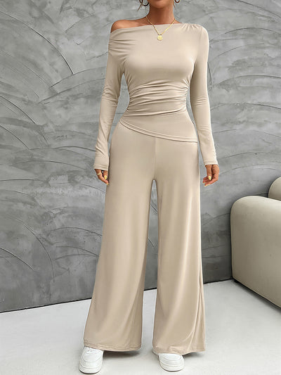 2 Pieces Long Sleeves Ruched Tops & Straight Wide Leg Pants Set