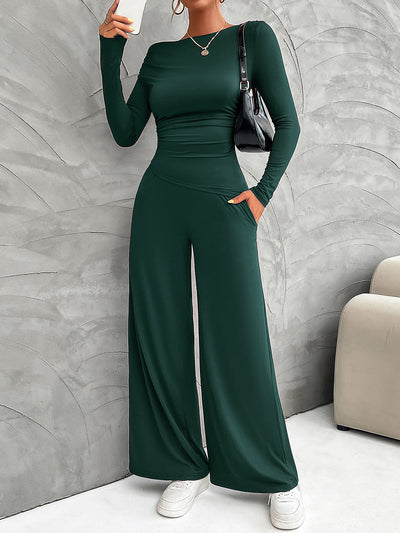 2 Pieces Long Sleeves Ruched Tops & Straight Wide Leg Pants Set