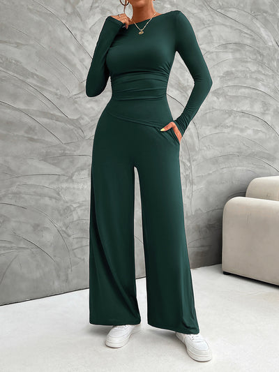 2 Pieces Long Sleeves Ruched Tops & Straight Wide Leg Pants Set