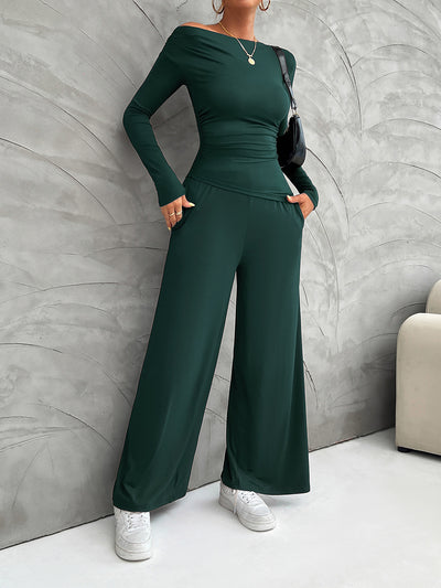 2 Pieces Long Sleeves Ruched Tops & Straight Wide Leg Pants Set