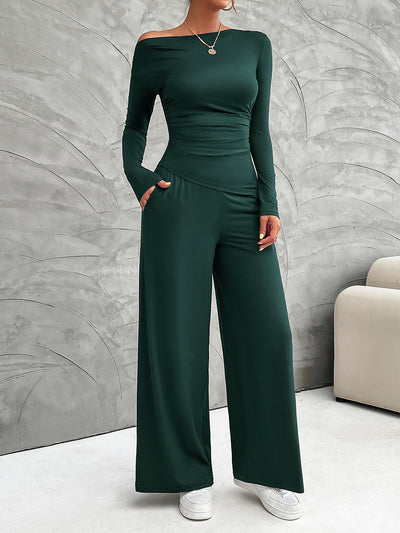 2 Pieces Long Sleeves Ruched Tops & Straight Wide Leg Pants Set