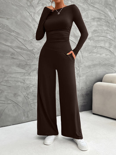 2 Pieces Long Sleeves Ruched Tops & Straight Wide Leg Pants Set