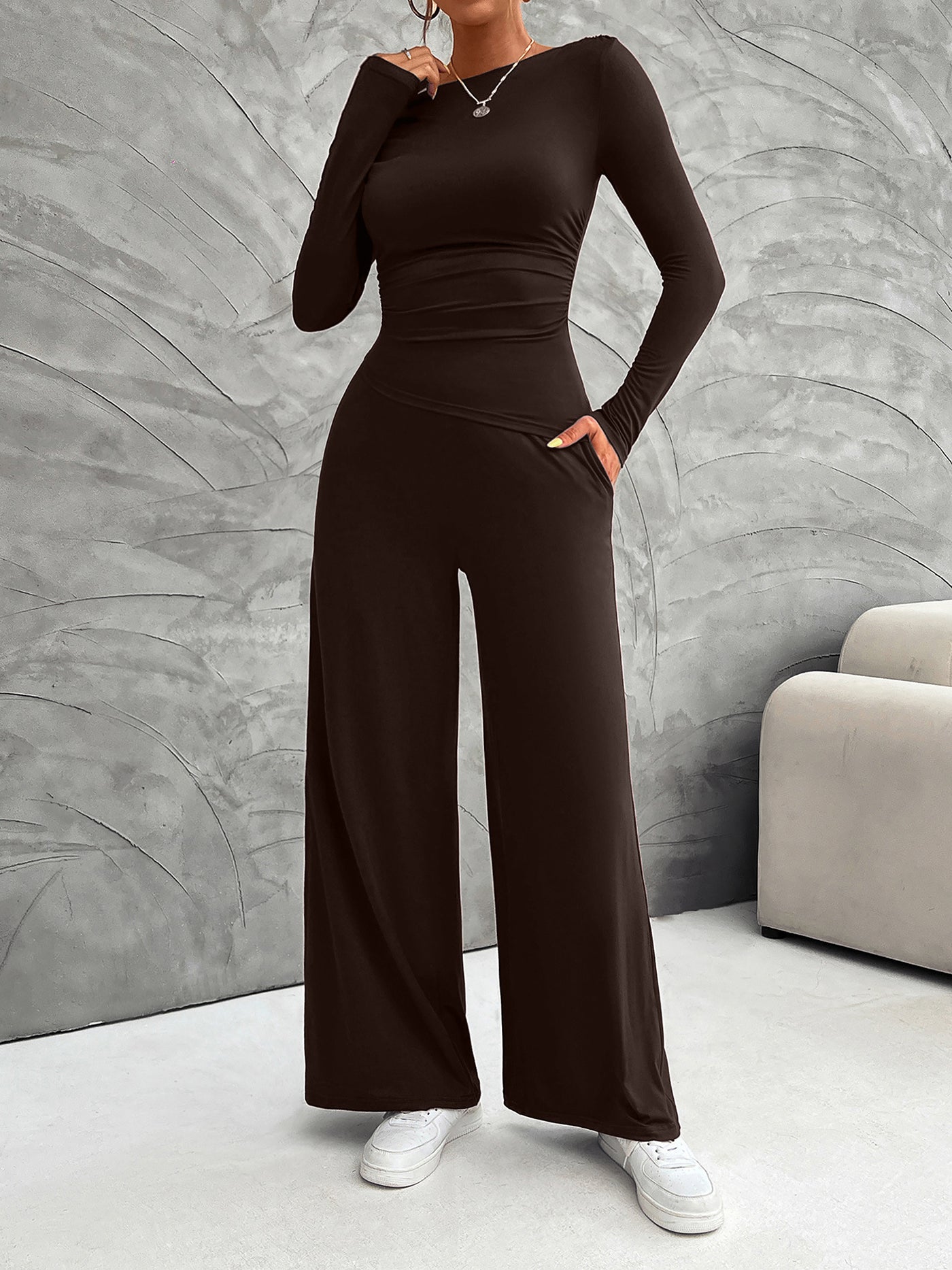 Allegra K 2 Pieces Long Sleeves Ruched Tops & Straight Wide Leg Pants Set