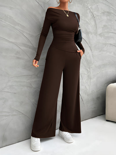 2 Pieces Long Sleeves Ruched Tops & Straight Wide Leg Pants Set