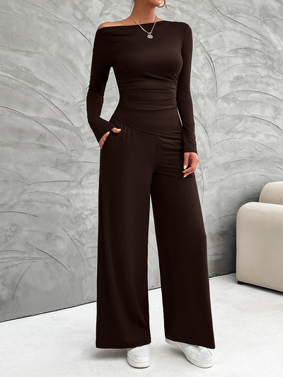 2 Pieces Long Sleeves Ruched Tops & Straight Wide Leg Pants Set