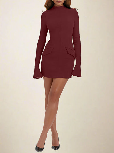 Mock Neck Solid Color Long Sleeve Bodycon Mini Dress