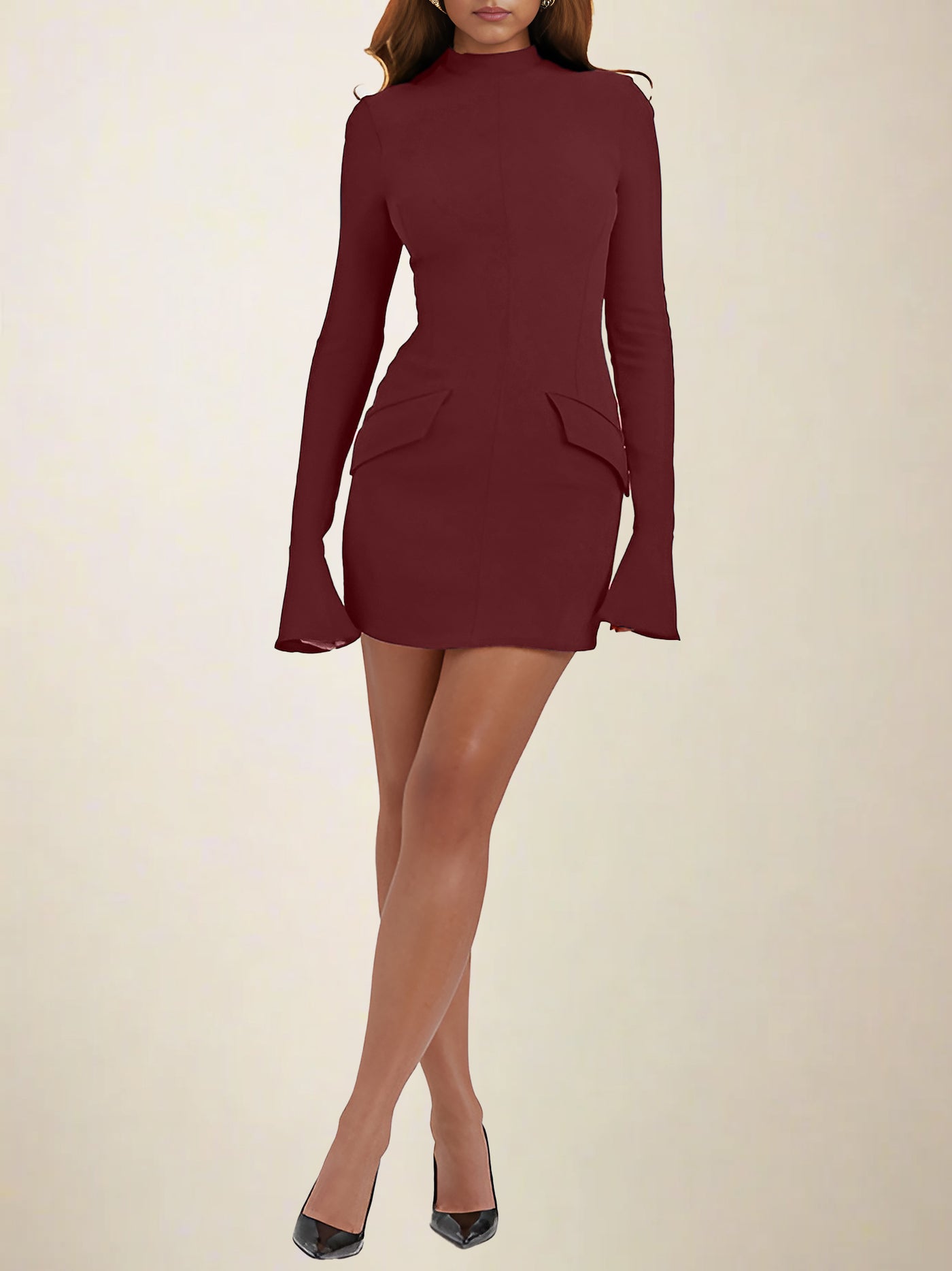 Allegra K Mock Neck Solid Color Long Sleeve Bodycon Mini Dress