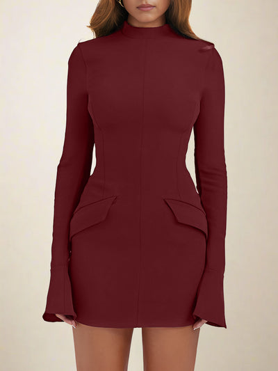 Mock Neck Solid Color Long Sleeve Bodycon Mini Dress