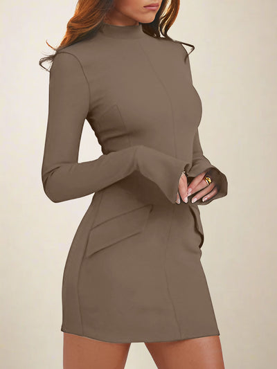 Mock Neck Solid Color Long Sleeve Bodycon Mini Dress