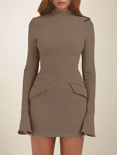 Mock Neck Solid Color Long Sleeve Bodycon Mini Dress