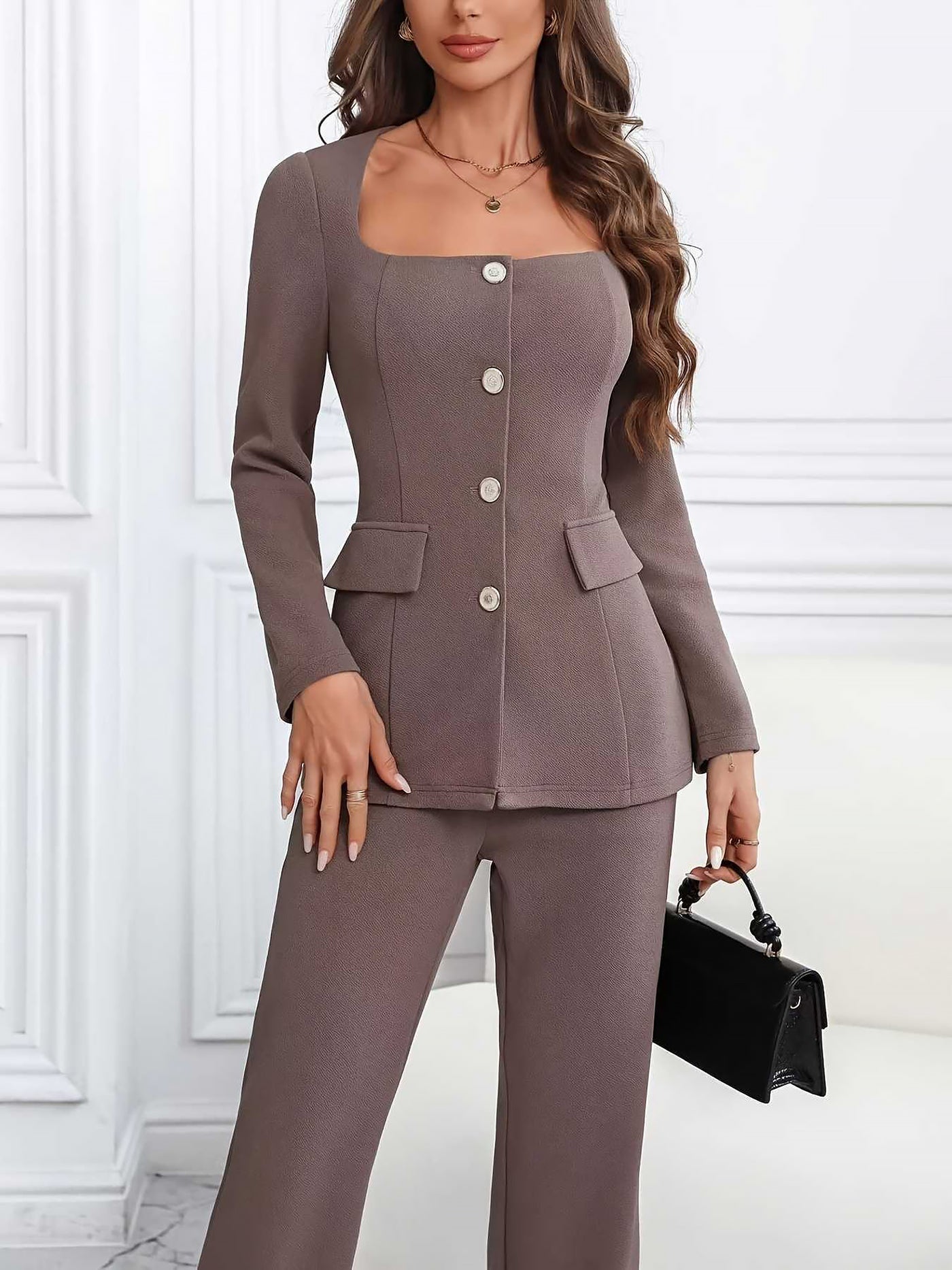 Allegra K 2 Pieces Square Neck Buttoned Top & Straight Leg Pants Set