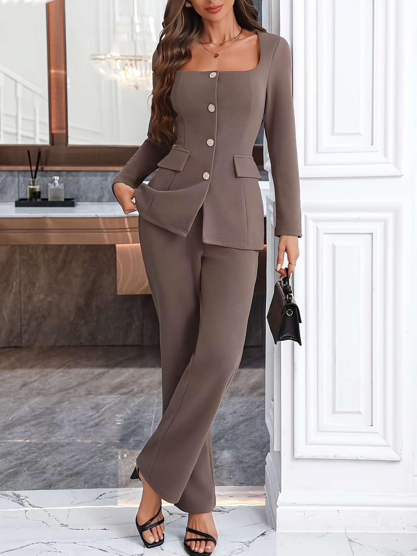 Allegra K 2 Pieces Square Neck Buttoned Top & Straight Leg Pants Set