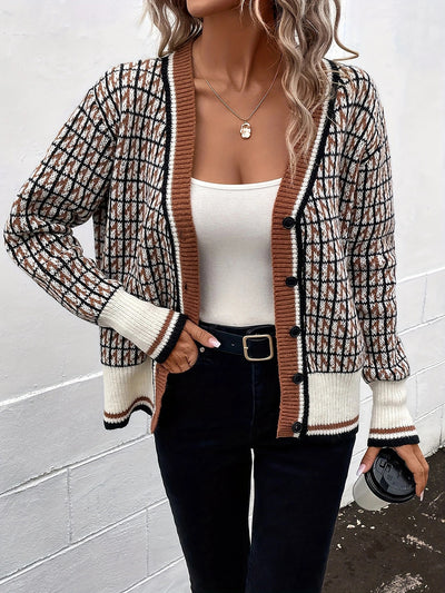 Plaid Ribbed Knitted Long Sleeves Buttoned Cardigan