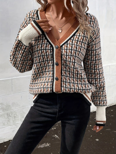 Plaid Ribbed Knitted Long Sleeves Buttoned Cardigan