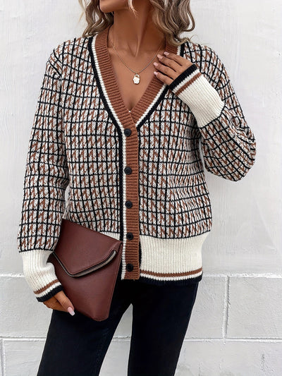 Plaid Ribbed Knitted Long Sleeves Buttoned Cardigan