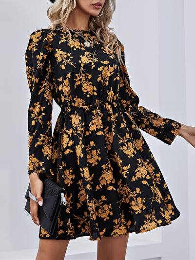 Floral Round Neck Long Sleeve Mini A-Line Dress