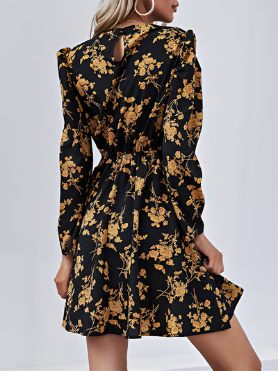 Floral Round Neck Long Sleeve Mini A-Line Dress