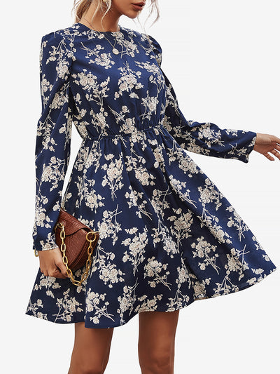 Floral Round Neck Long Sleeve Mini A-Line Dress