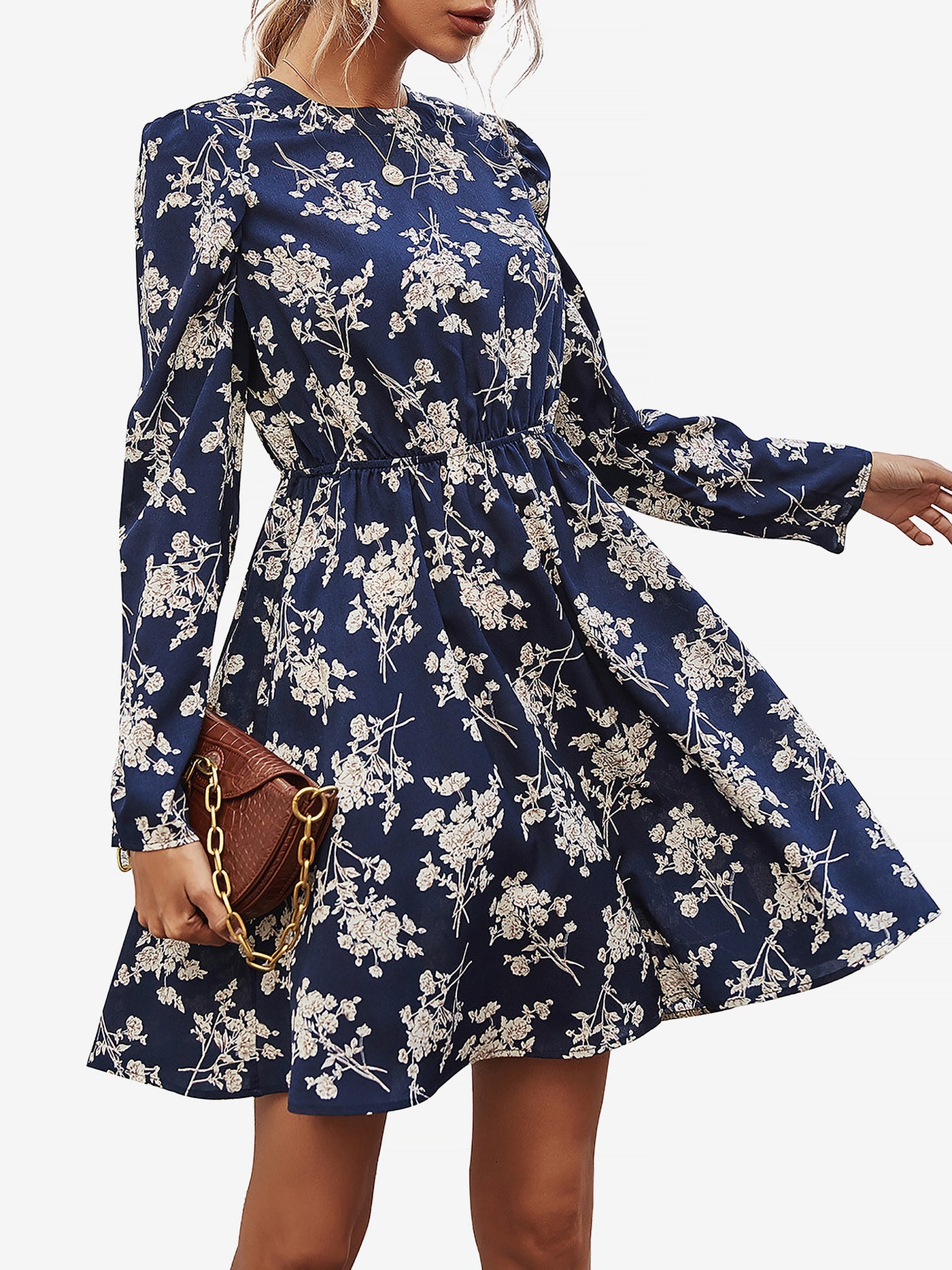 Allegra K Floral Round Neck Long Sleeve Mini A-Line Dress