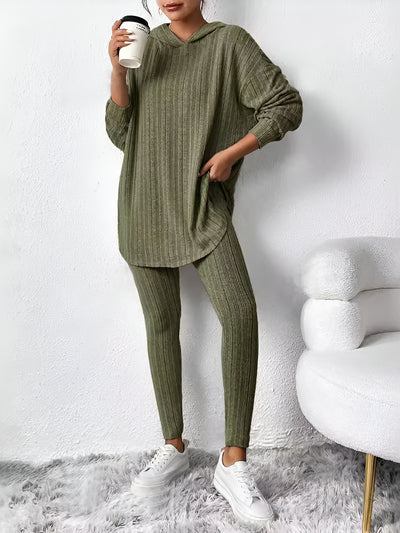 2 Pieces Loose Hooded Long Sleeve Knit Top & Pencil Pants Set