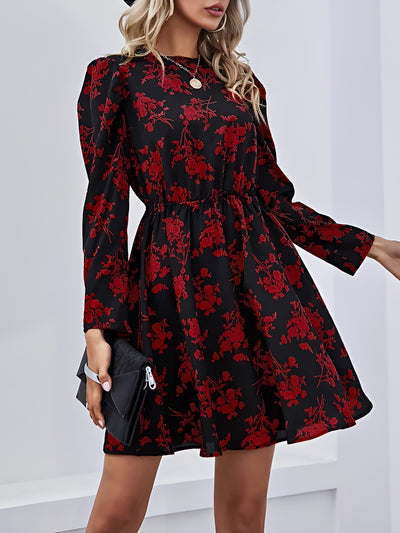 Floral Round Neck Long Sleeve Mini A-Line Dress