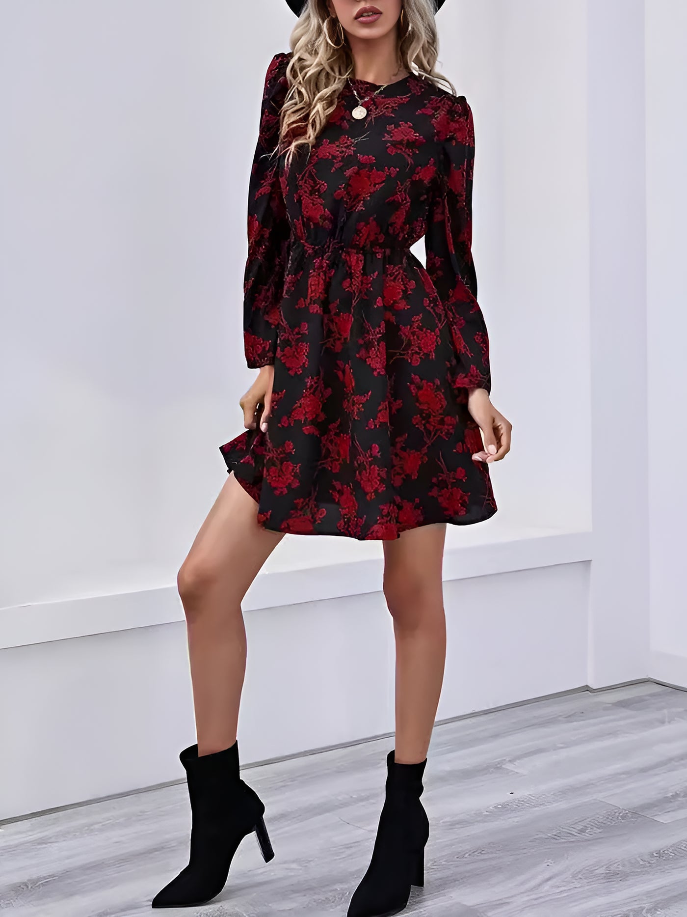 Allegra K Floral Round Neck Long Sleeve Mini A-Line Dress