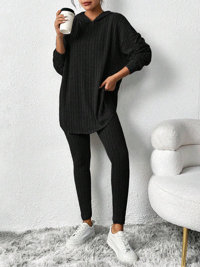 2 Pieces Loose Hooded Long Sleeve Knit Top & Pencil Pants Set