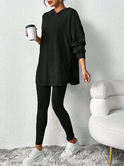 2 Pieces Loose Hooded Long Sleeve Knit Top & Pencil Pants Set