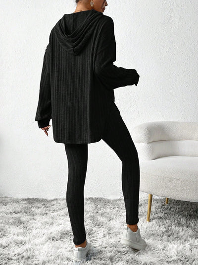 2 Pieces Loose Hooded Long Sleeve Knit Top & Pencil Pants Set