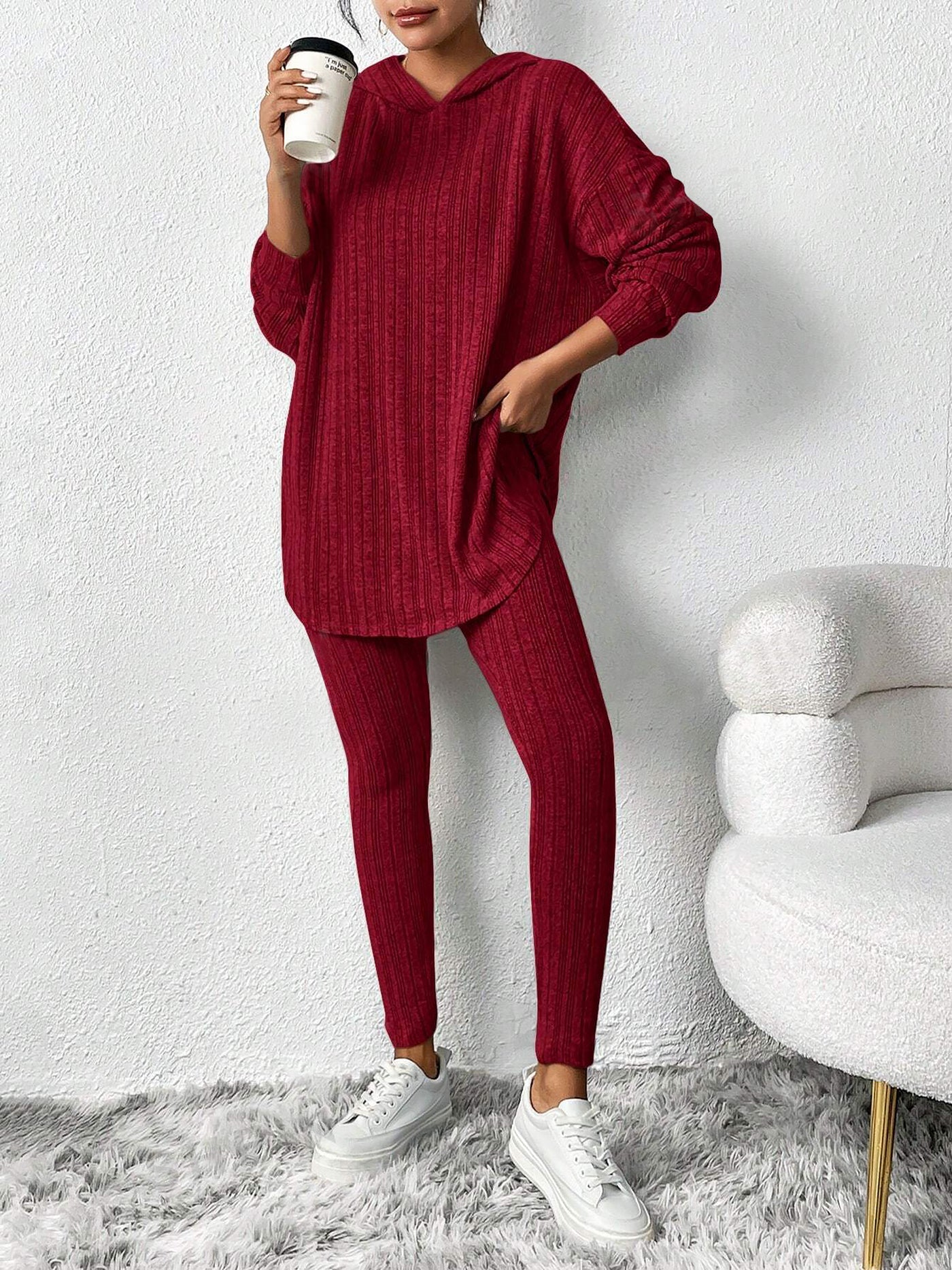 Allegra K 2 Pieces Loose Hooded Long Sleeve Knit Top & Pencil Pants Set