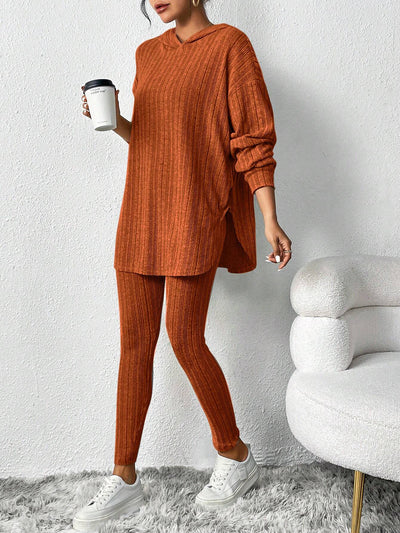 2 Pieces Loose Hooded Long Sleeve Knit Top & Pencil Pants Set