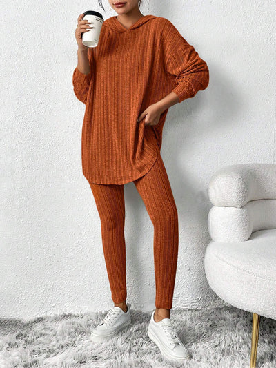 2 Pieces Loose Hooded Long Sleeve Knit Top & Pencil Pants Set