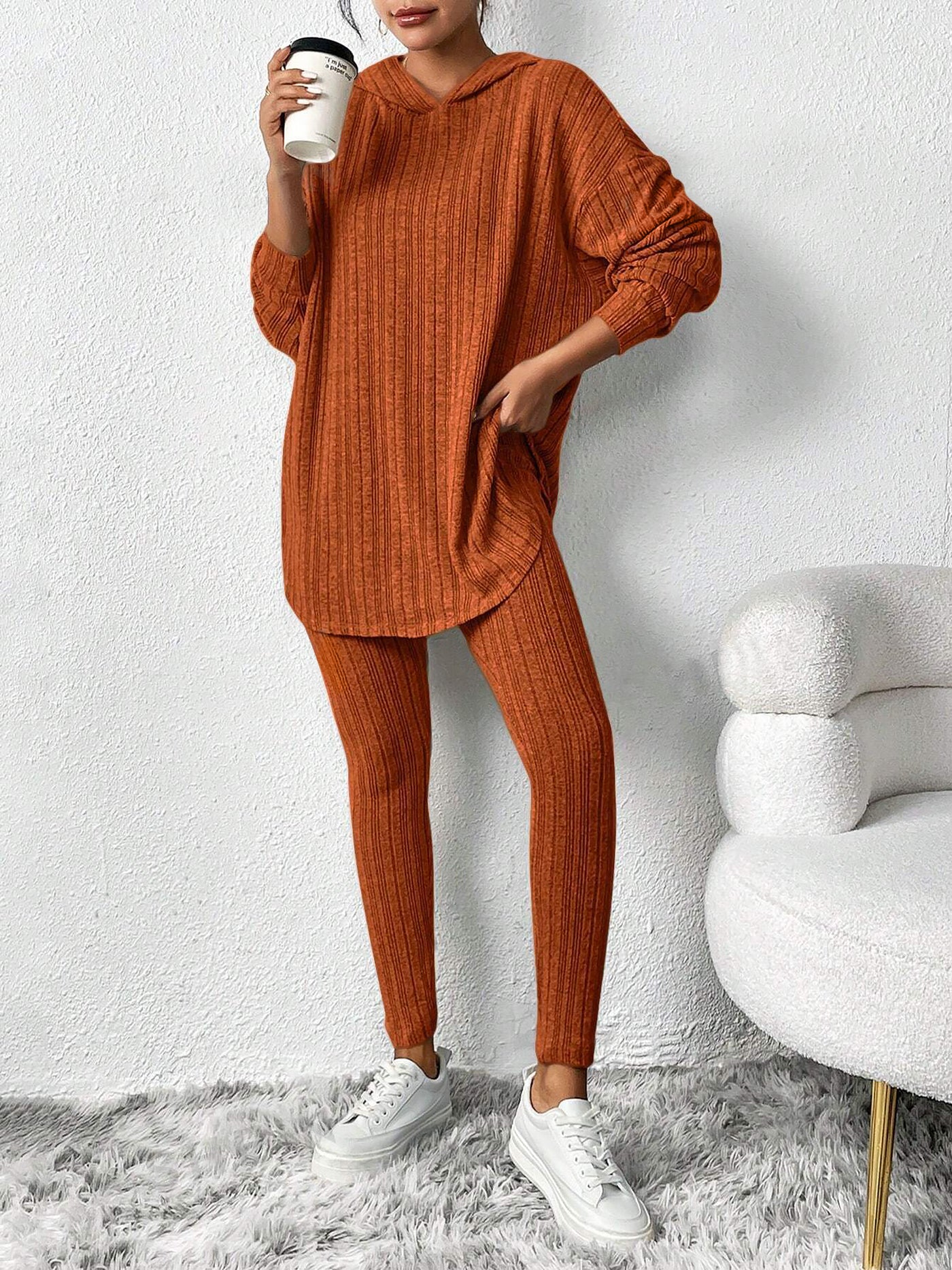 Allegra K 2 Pieces Loose Hooded Long Sleeve Knit Top & Pencil Pants Set